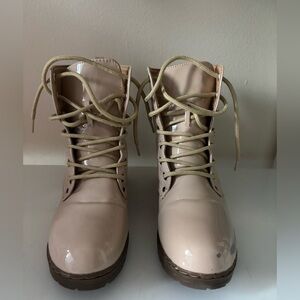 Cream and Brown Combat Moto Boots with Lace-Up Design